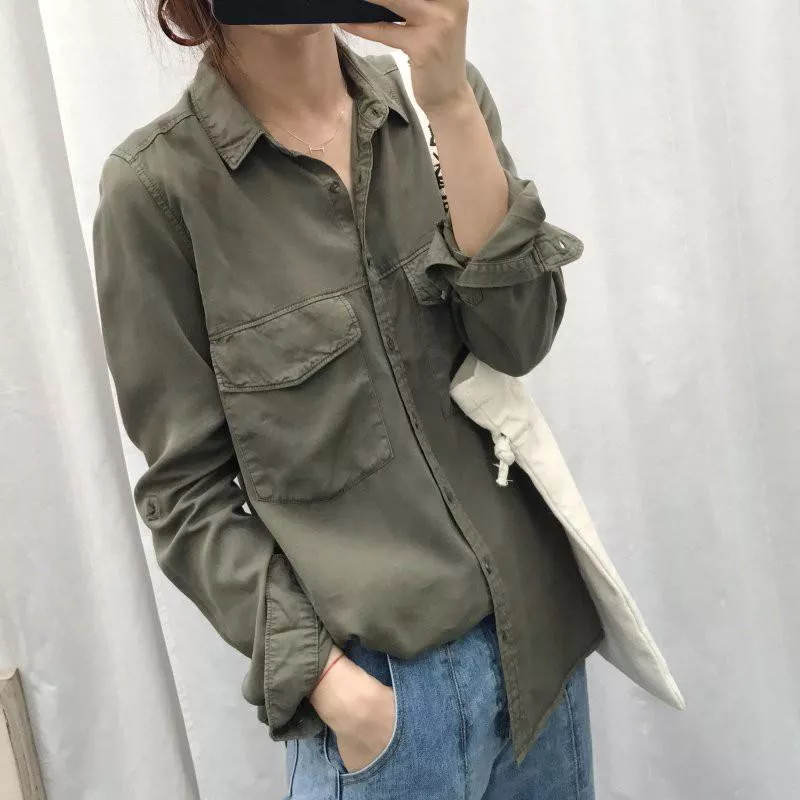 外銷款襯衫中長版復古做舊軍綠色襯衫顯瘦上衣