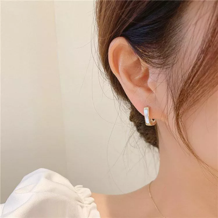 韓國東大門方形貝殼耳環純銀耳針耳飾