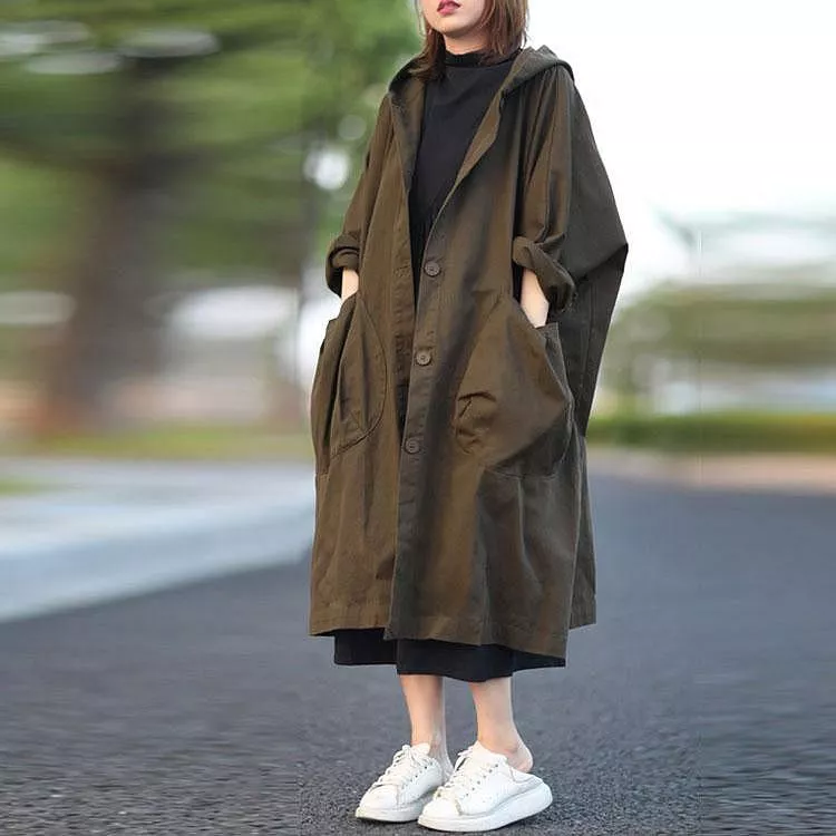 長款大口袋文藝寬鬆連帽風衣外套