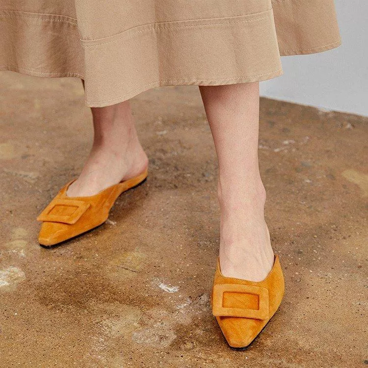 韓國尖頭淺口絨面穆勒鞋平底包頭涼拖鞋