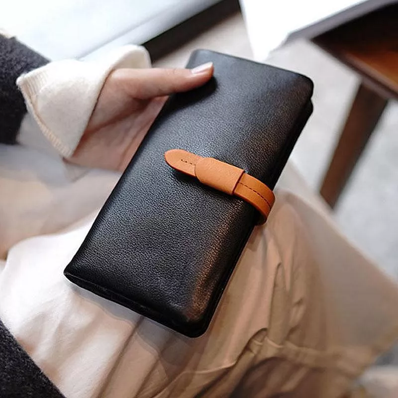 頭層軟牛皮撞色抽帶多卡位長夾錢包