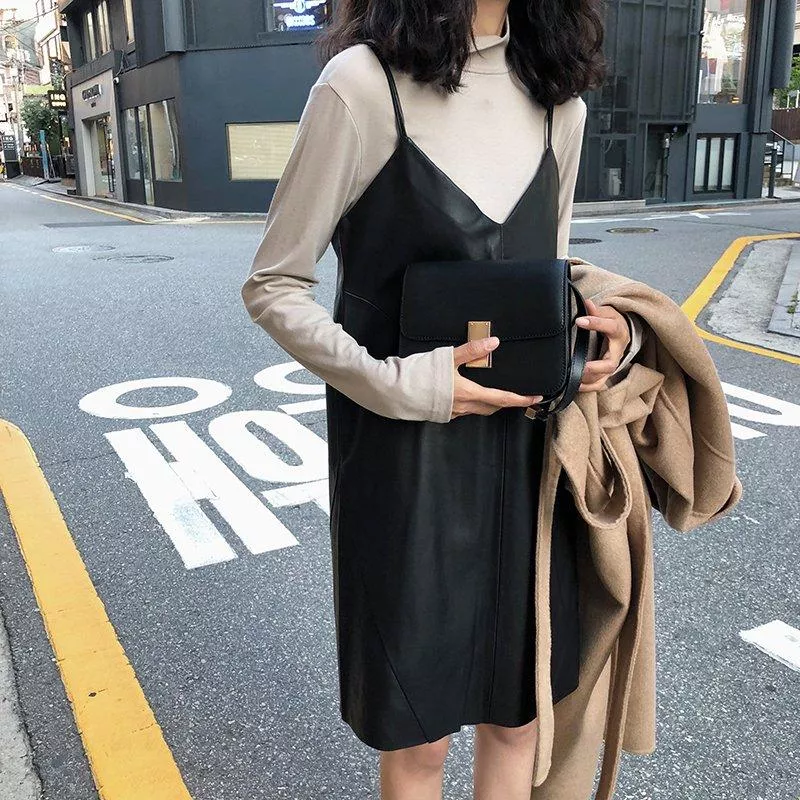 吊帶連身裙中長款皮裙