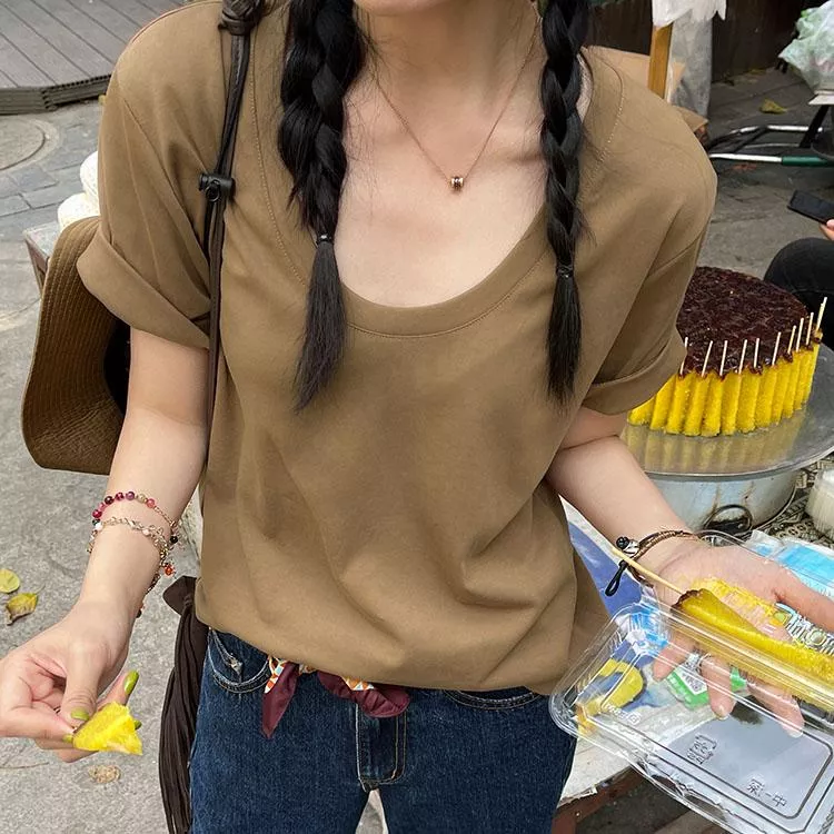 U領純棉顯瘦寬鬆百搭短袖T恤純色上衣