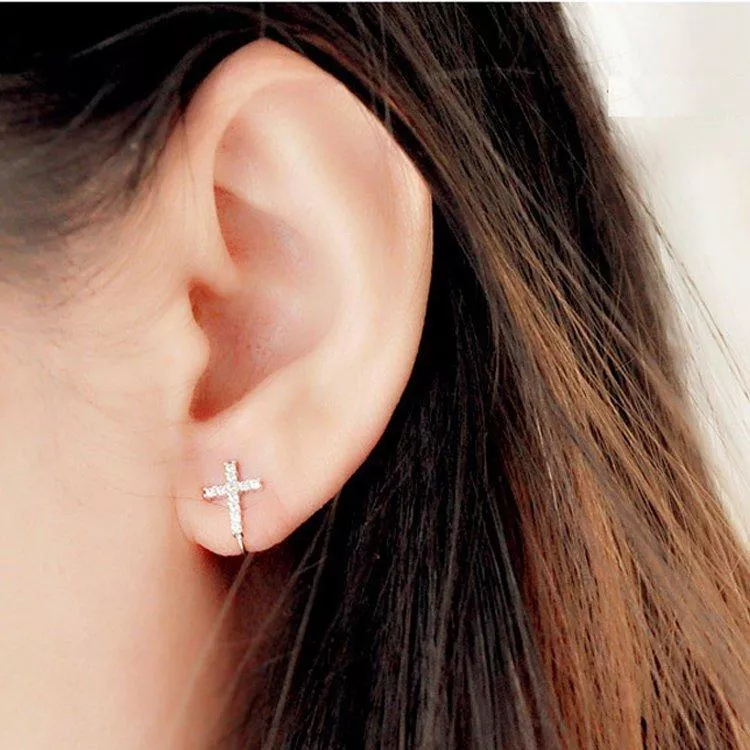 耳夾十字架耳夾純銀簡約氣質閃耀925銀鋯石十字架耳夾耳環飾品