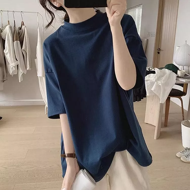 韓版半高领t恤寬鬆顯瘦五分袖上衣