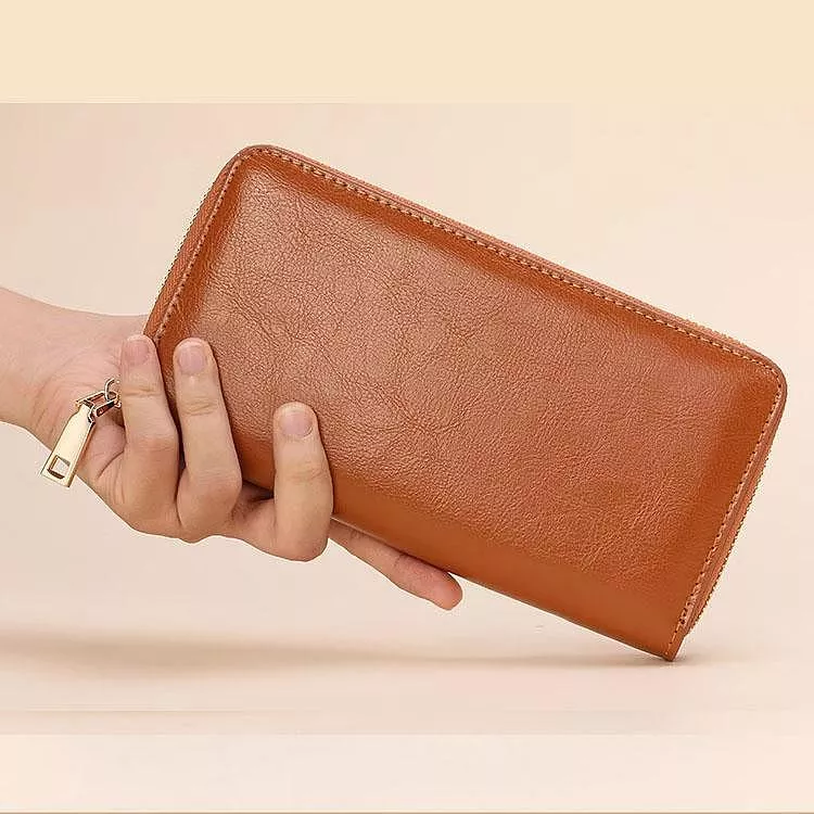 油蠟紋牛皮長夾男女錢包手拿包皮夾