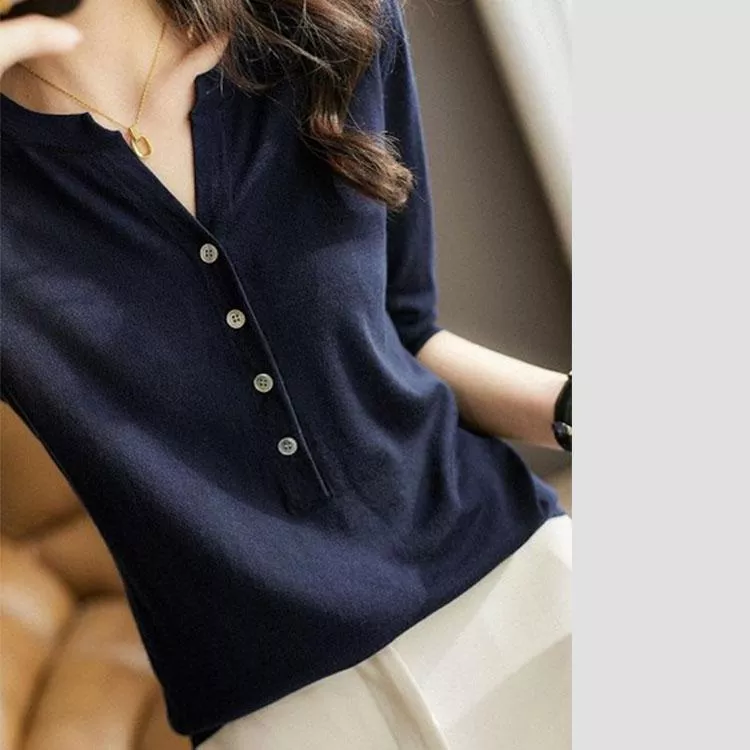 日系V領寬鬆上衣五分袖針織衫T恤