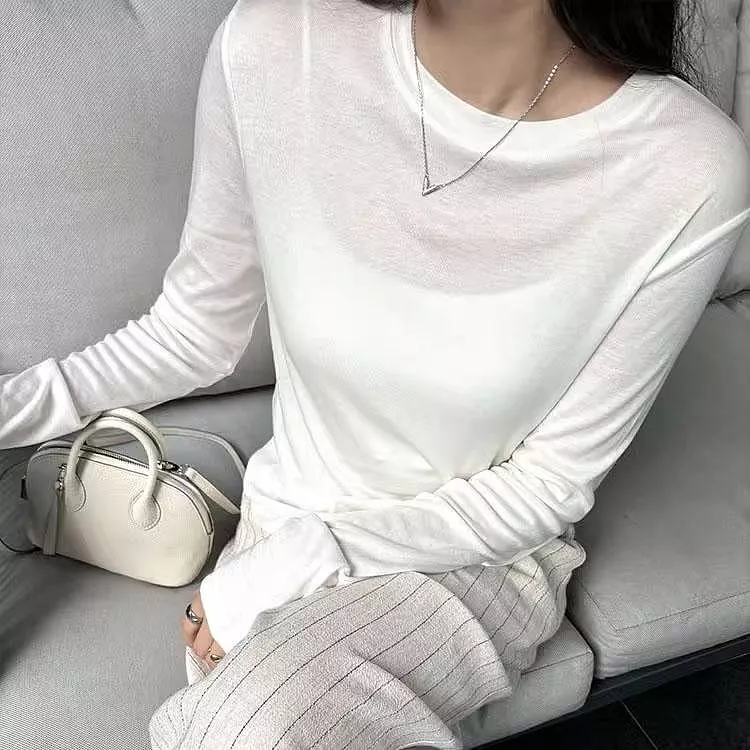 桑蠶絲柔軟打底衫長袖T恤顯瘦百搭上衣
