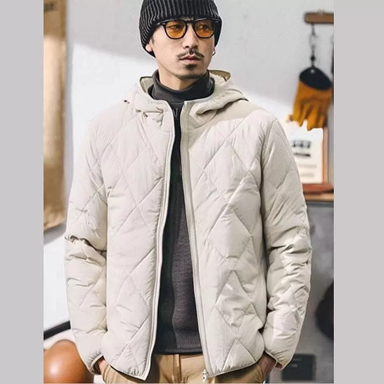 出口日單-輕盈保暖桑蠶絲男女防風連帽菱形格棉服外套