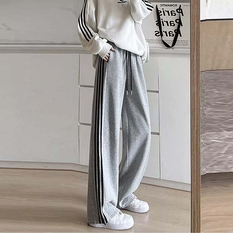 條紋休閒運動褲闊腿褲直筒褲