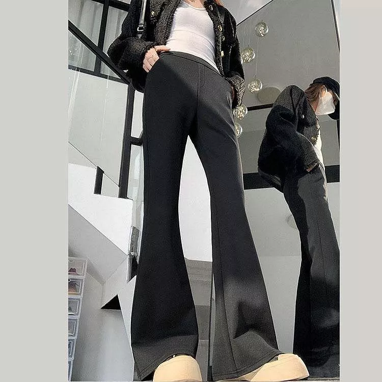 韓版高腰顯瘦黑色微喇叭褲垂墜感馬蹄褲西裝褲