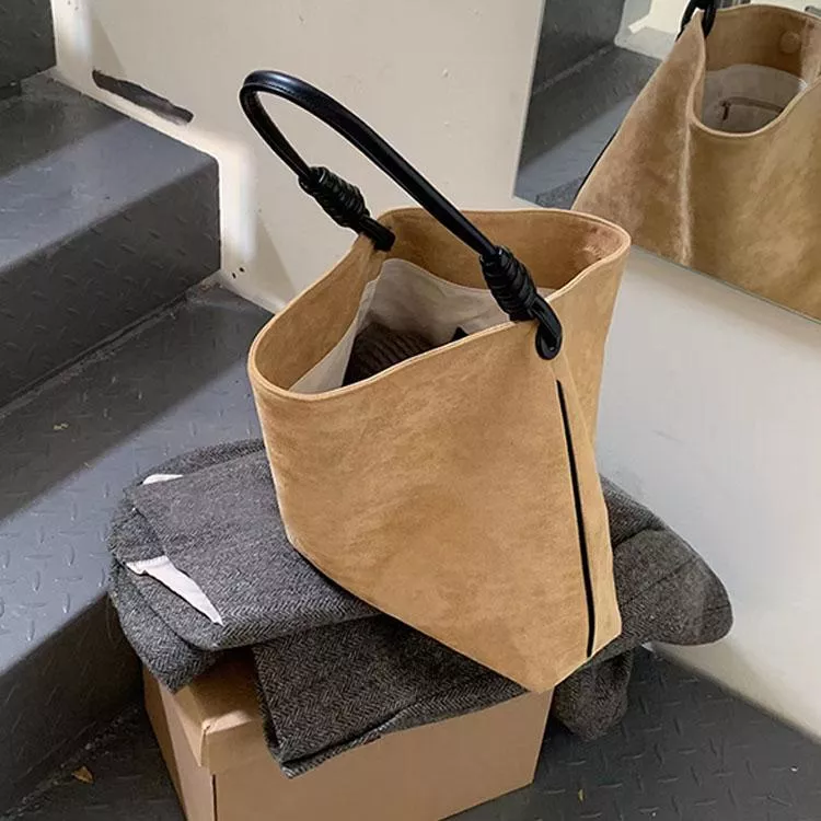 復古絨面撞色單肩包大容量水桶包斜背包