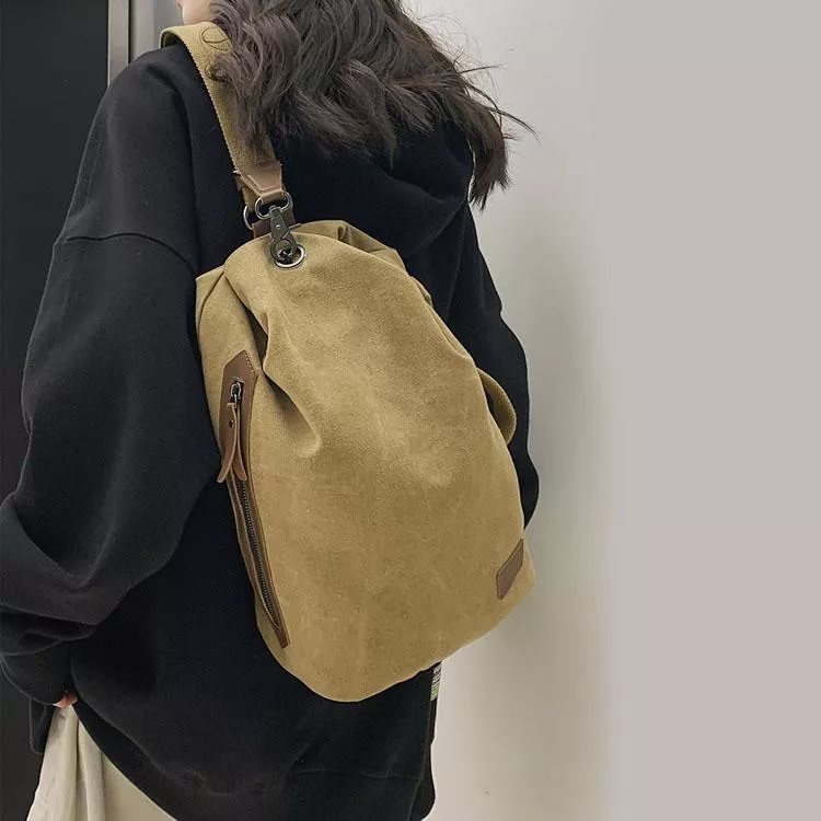 潮牌帆布包簡約純色大容量胸包斜背包