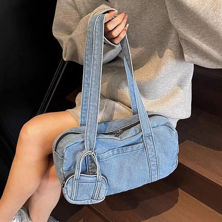 時尚牛仔布包手提包休閒單肩包腋下包
