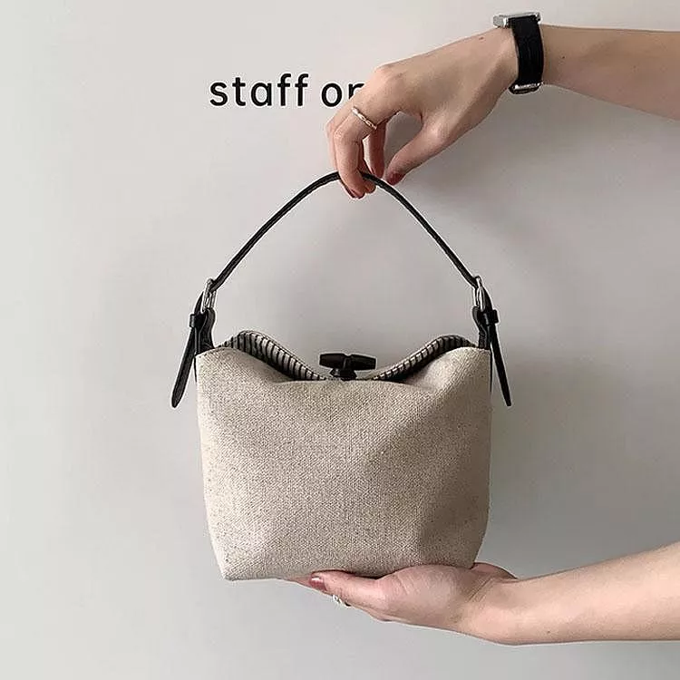 韓版高質感牛皮拼接帆布飯盒包斜背水餃包