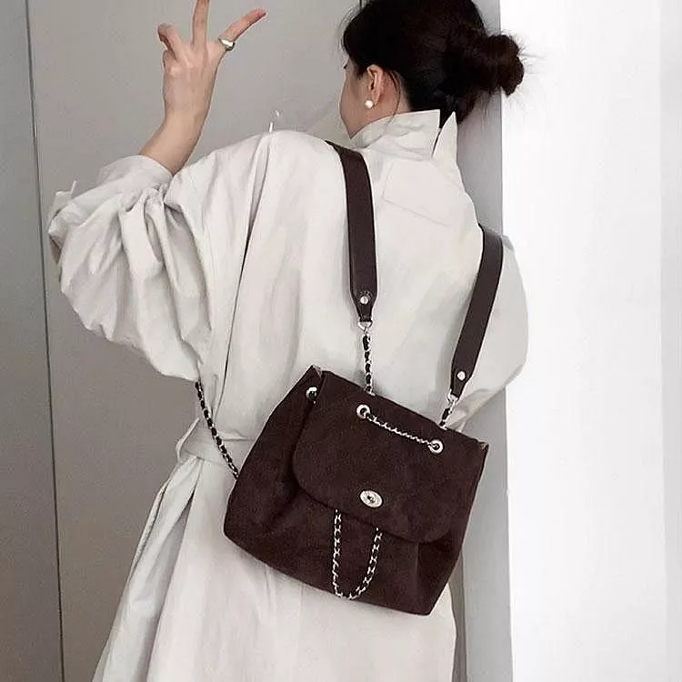 韓版復古絨面菱格鏈條雙肩包百搭手提包