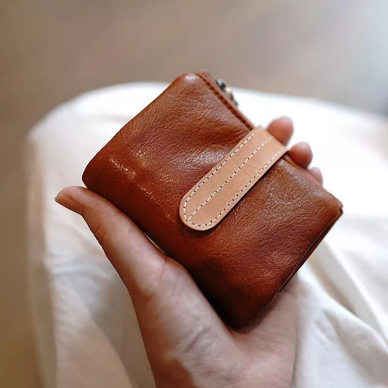 植鞣牛皮撞色小巧短款大容量錢包短夾