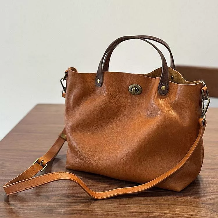 植鞣牛皮手提單肩包復古鎖扣包