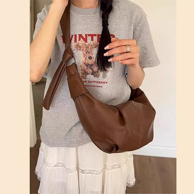 韓系復古軟皮褶皺餃子包慵懶風可頌牛角包