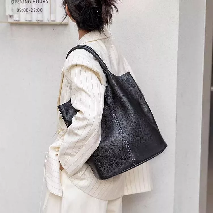 韓版頭層牛皮大容量水桶包潮手提包