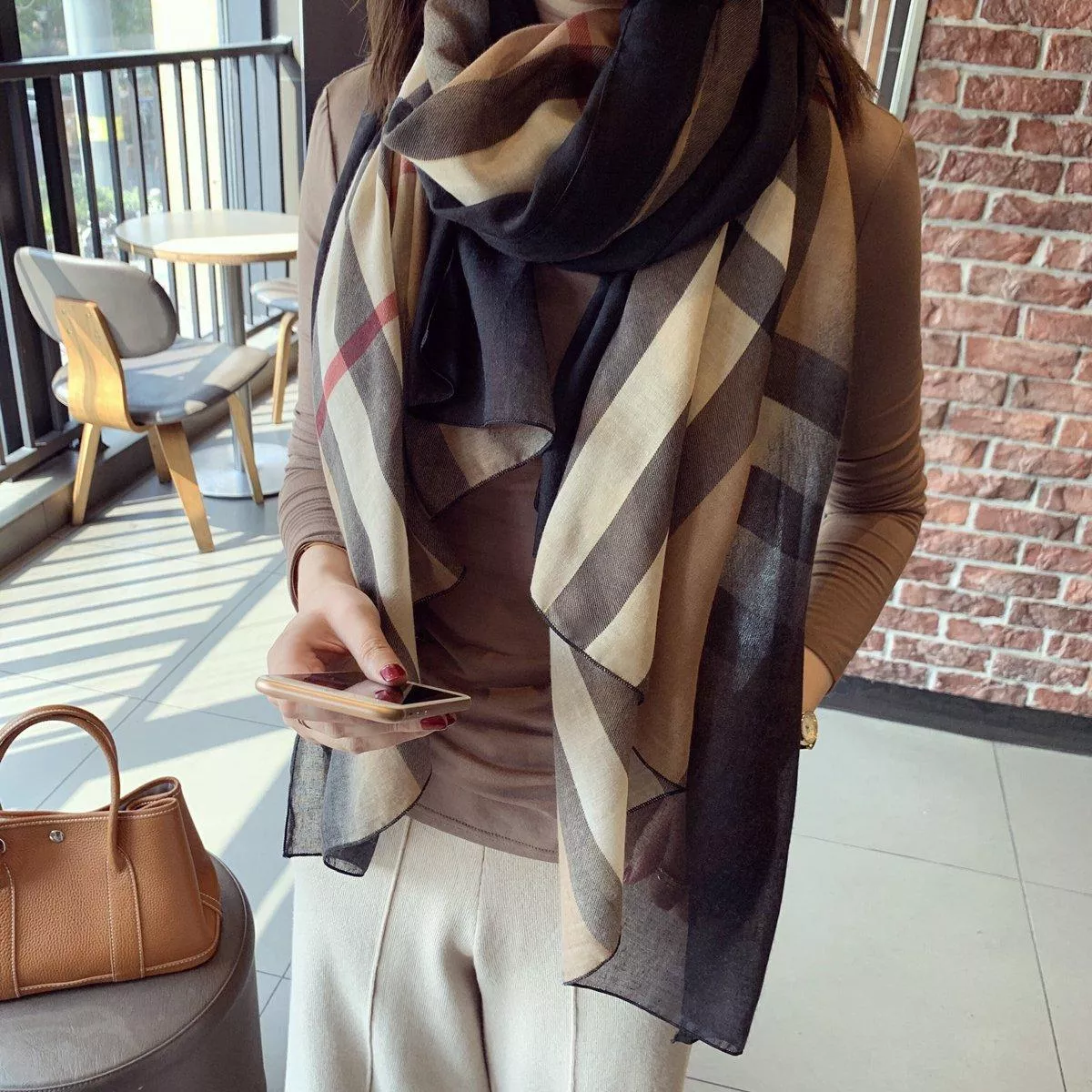 秋冬韓版百搭絲巾明星同款氣質格子棉麻圍巾披肩