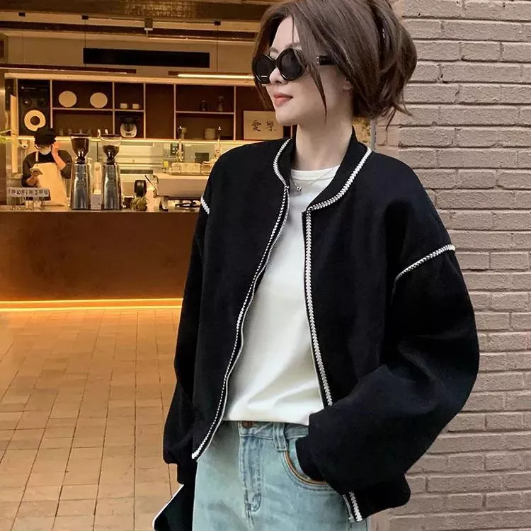 麥穗紋復古休閒短款棒球外套