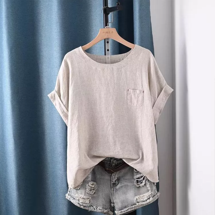 純亞麻條紋短袖襯衫日式圓領套頭休閒百搭上衣