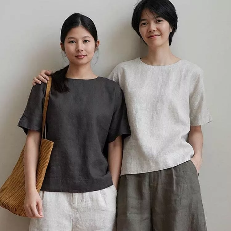 水洗100%亞麻寬鬆短袖圓領衫純色上衣