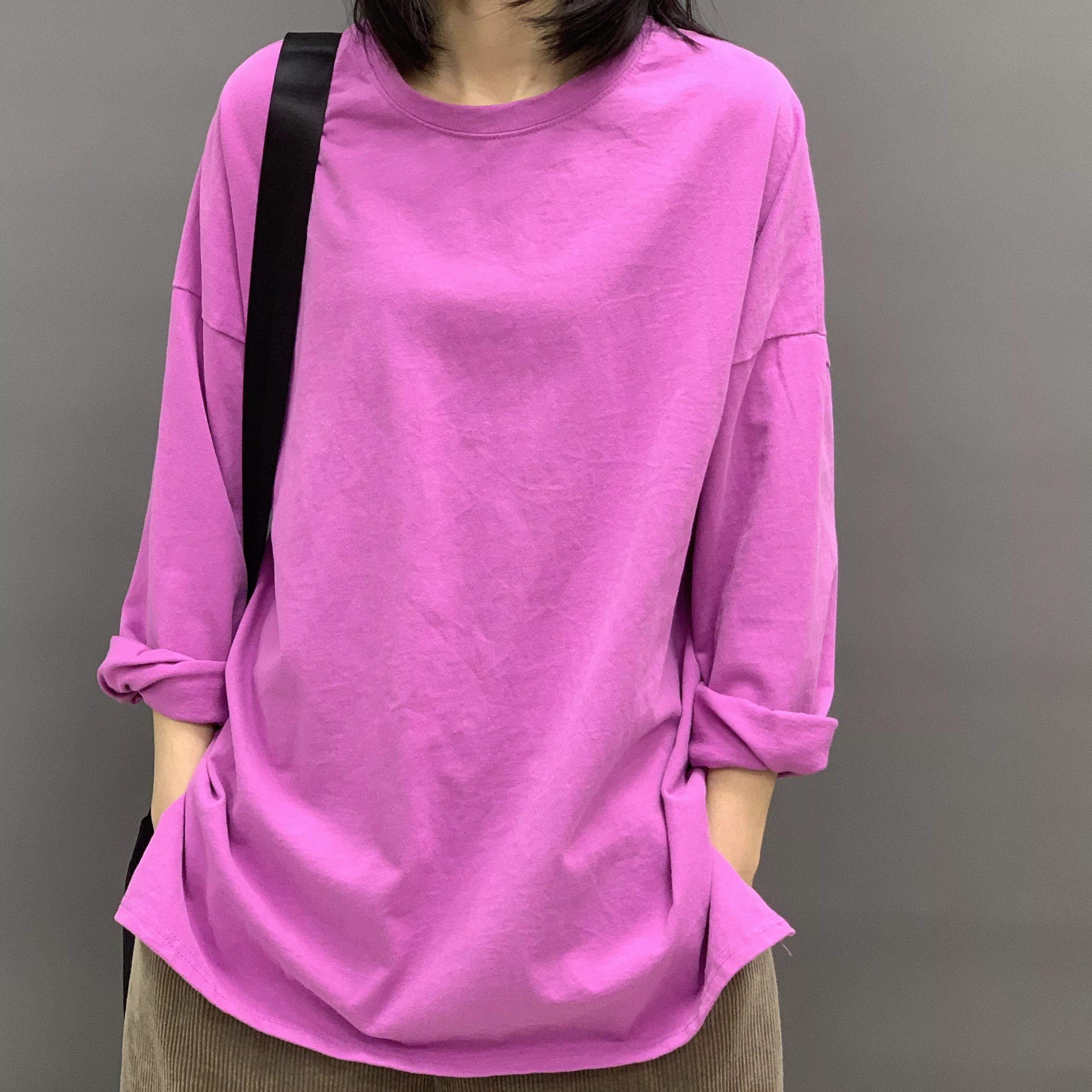 純棉寬鬆顯瘦大碼圓領長袖T恤中長款打底衫