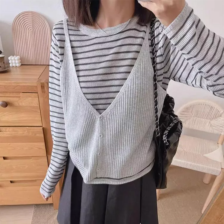 早春休閒復古撞色假兩件條紋長袖針織衫