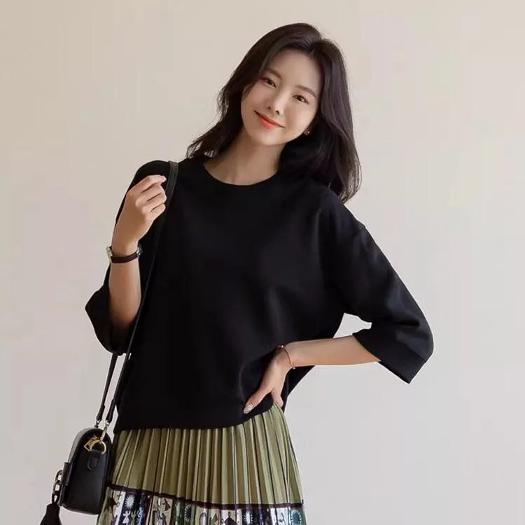 純棉七分袖t恤寬鬆五分袖短款上衣