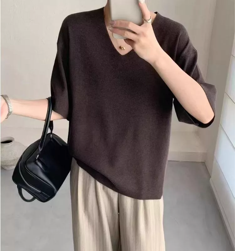 天絲五分袖針織上衣V領寬鬆顯瘦T恤