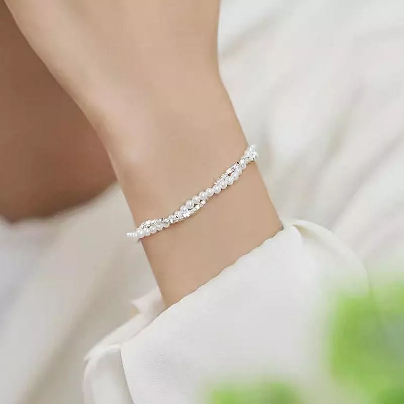 925銀碎銀子+珍珠雙層氣質手鏈手環飾品