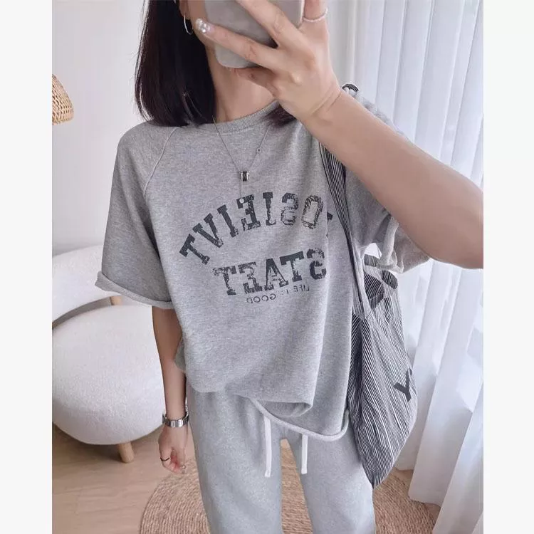 韓版做舊純棉字母印花圓領毛圈棉打底短袖上衣