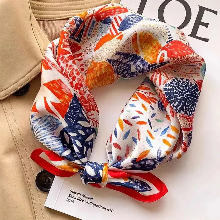 100％桑蠶絲七彩花朵真絲領巾小方巾披肩