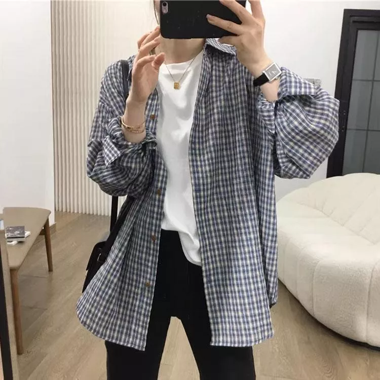 慵懶復古風藍色格紋休閒襯衫落肩寬鬆長袖上衣