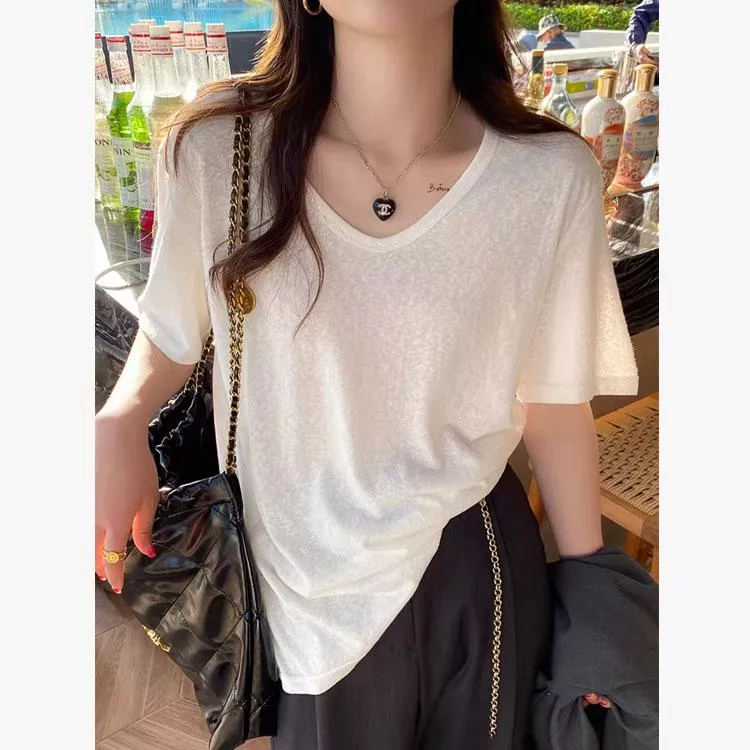 v領寬鬆冰絲棉上衣涼感薄款短袖t恤