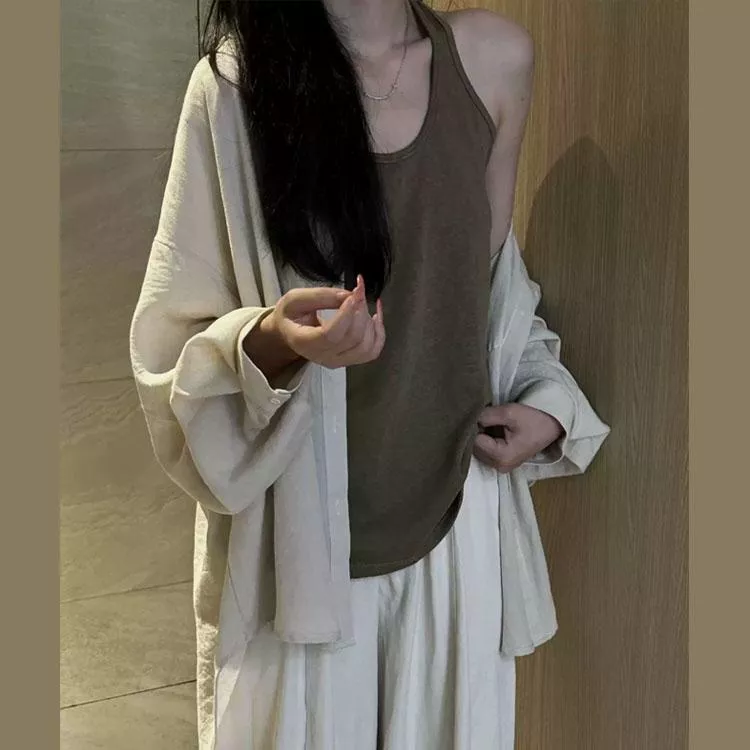 百搭亞麻襯衫寬鬆長袖透氣防曬上衣