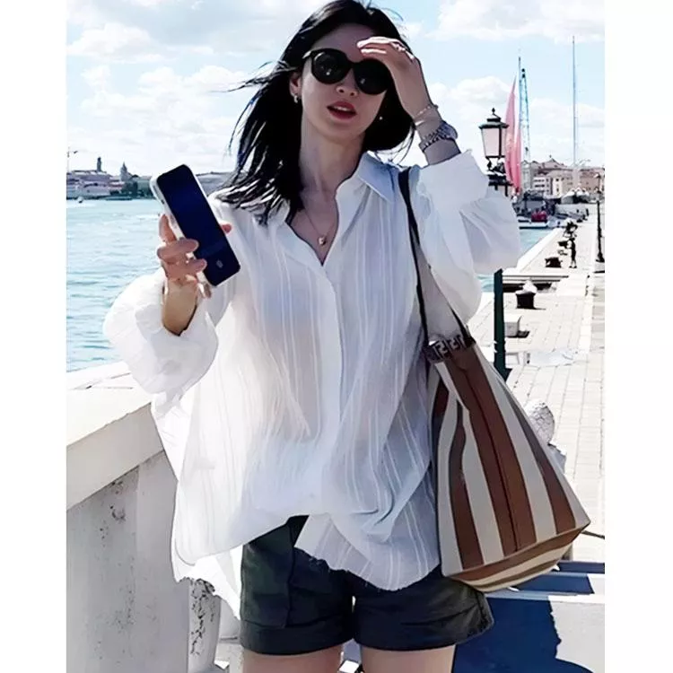 宋慧喬同款純棉防曬白色襯衫寬鬆長袖休閒上衣