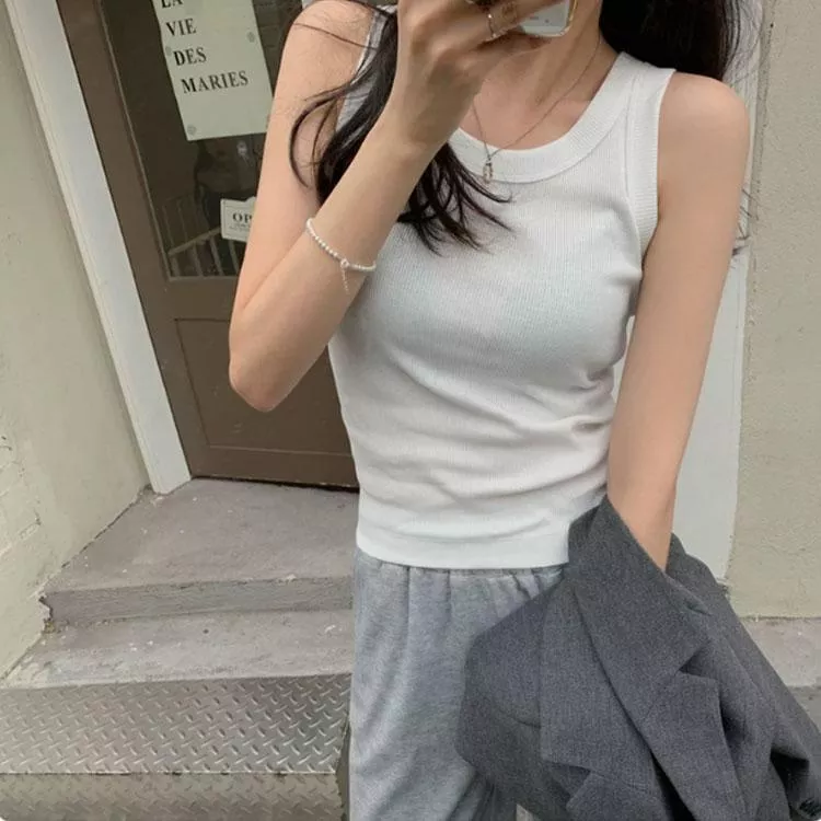 美式寬肩帶圓領螺紋吊帶背心