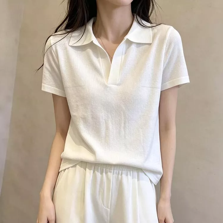 寬鬆百搭休閒翻領polo衫老錢風簡約短袖上衣