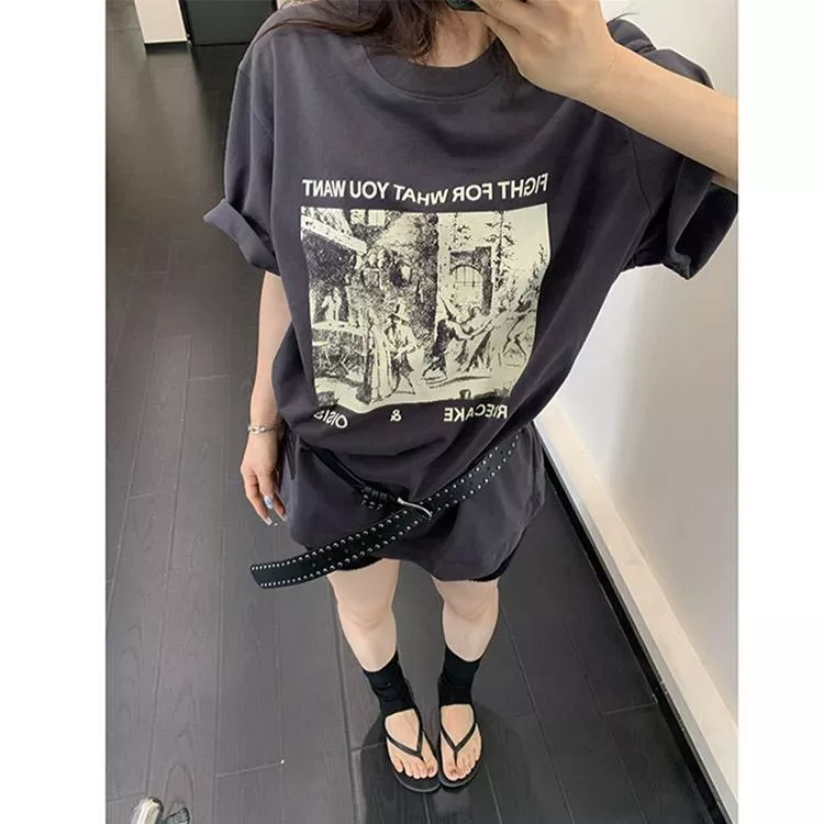 美式寬鬆高質感抽象油畫印花T恤短袖上衣