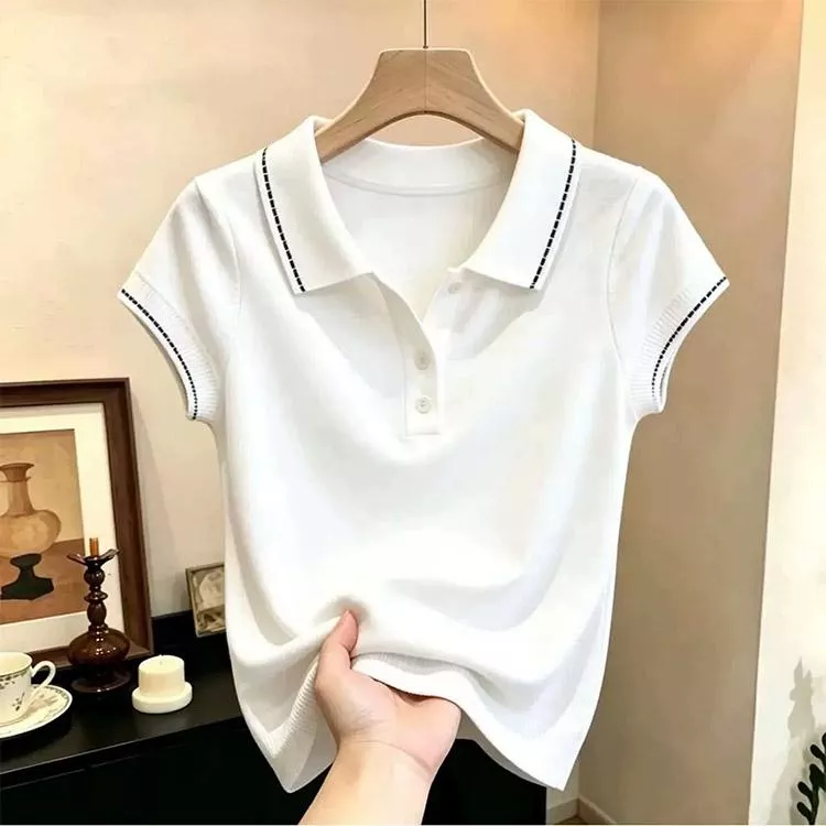 法式撞色POLO領短袖氣質上衣