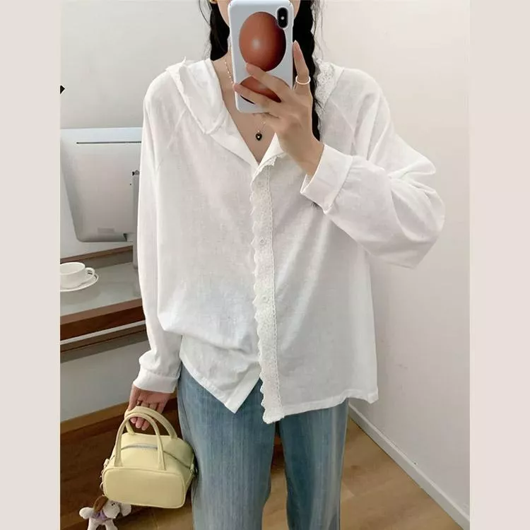 蕾絲邊拼接寬鬆白色連帽上衣