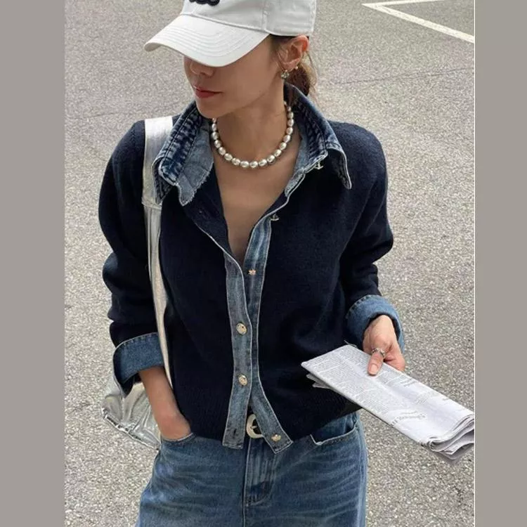 牛仔襯衫拼接設計感毛衣外套針織開衫