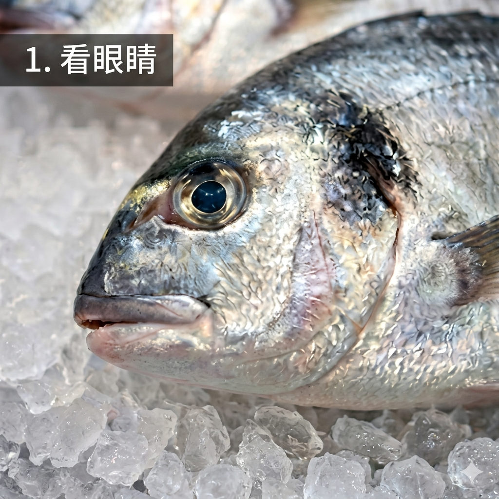 看眼睛1.png 新鮮的魚,眼睛通常會比較清澈透明,而且眼球是飽滿、微微凸出的。