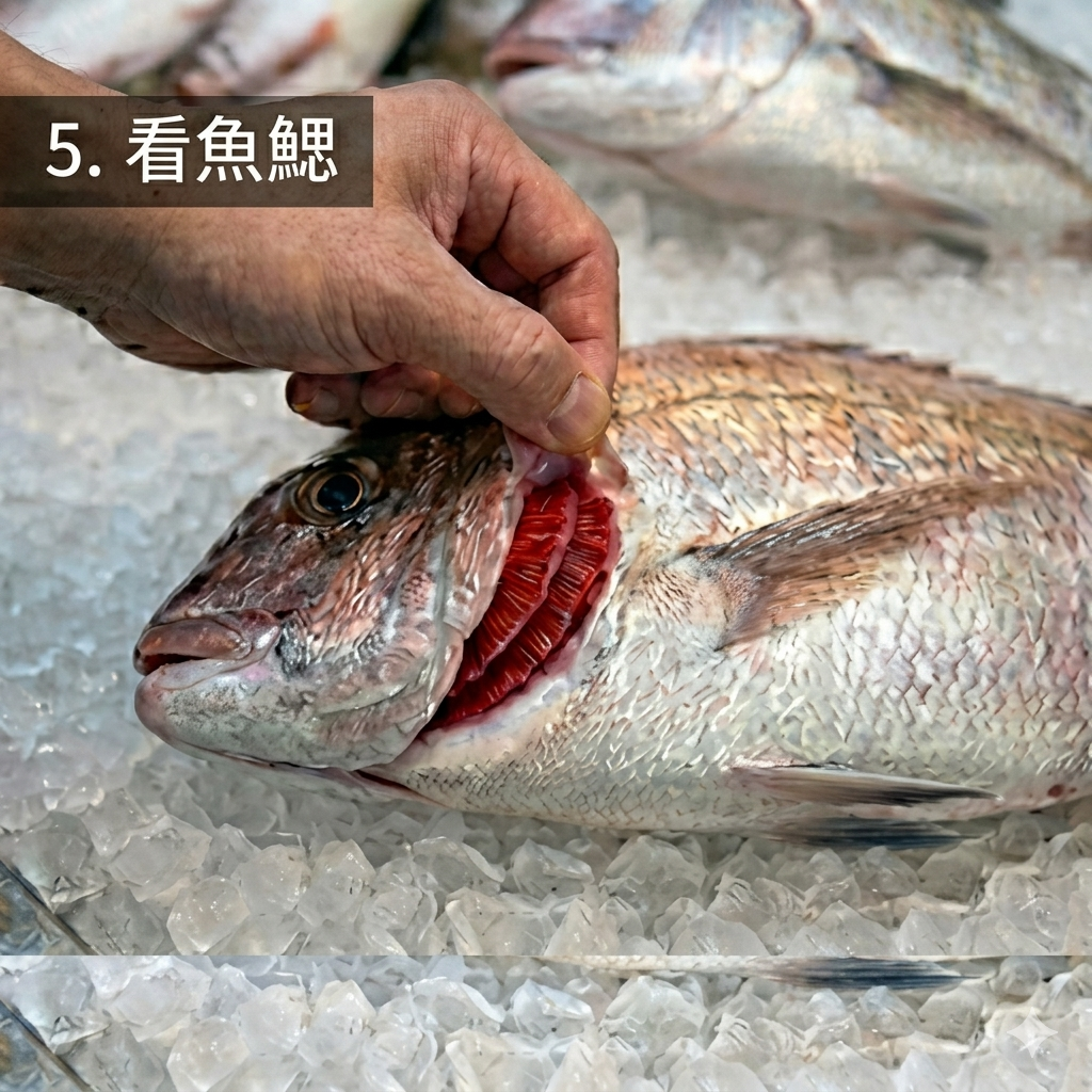 看魚鰓1.png 新鮮的魚鰓顏色會是鮮紅色或暗紅色,看起來濕潤有光澤。