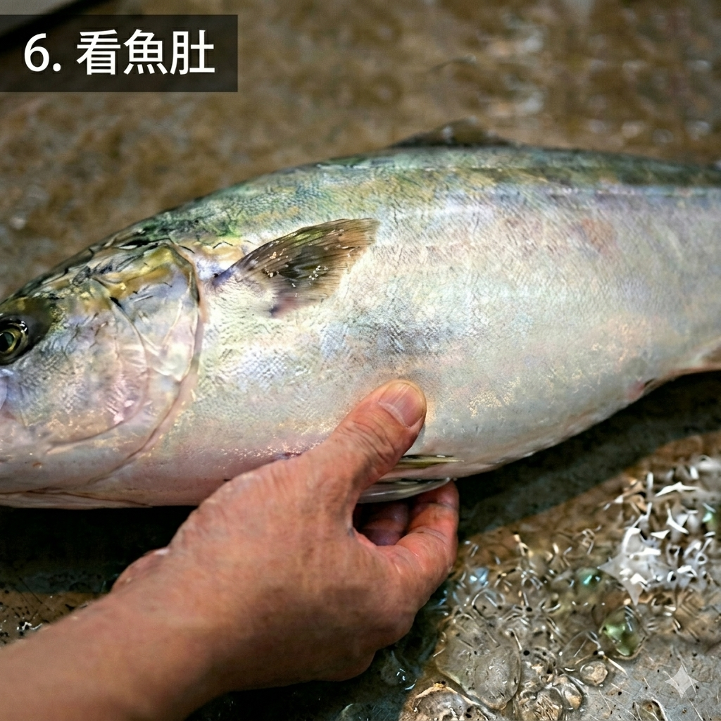 看魚肚1.png 如果魚肚已經軟軟塌塌的,有時候代表內臟開始分解、發酵。