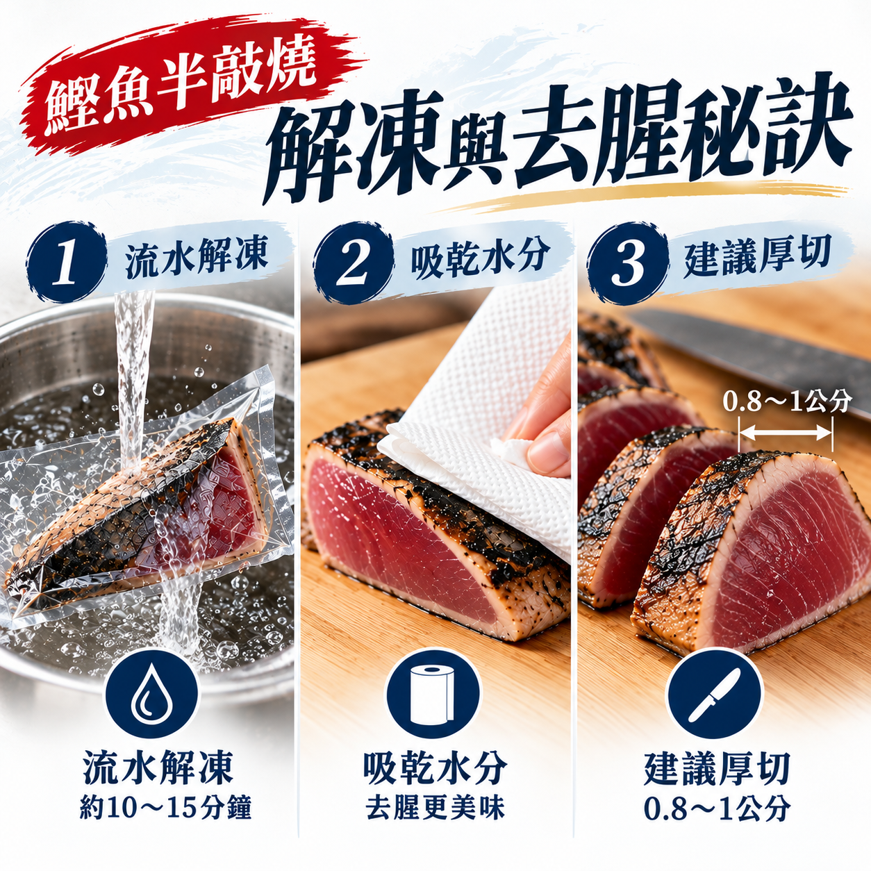 鰹魚半敲燒解凍與去腥教學圖，示範流水解凍、廚房紙巾吸乾水分，以及將鰹魚切成約 0.8～1 公分厚片的處理方式。