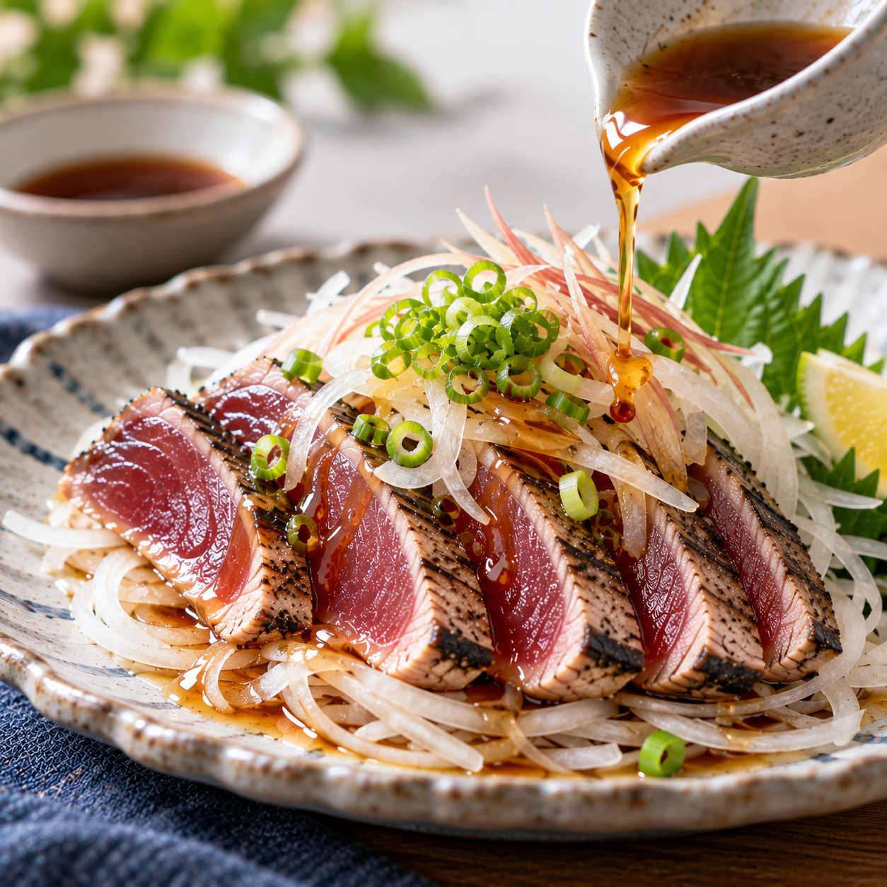 日式鰹魚半敲燒切片搭配洋蔥絲、蔥花與和風醬汁，呈現酸甜清爽的日式海鮮料理。